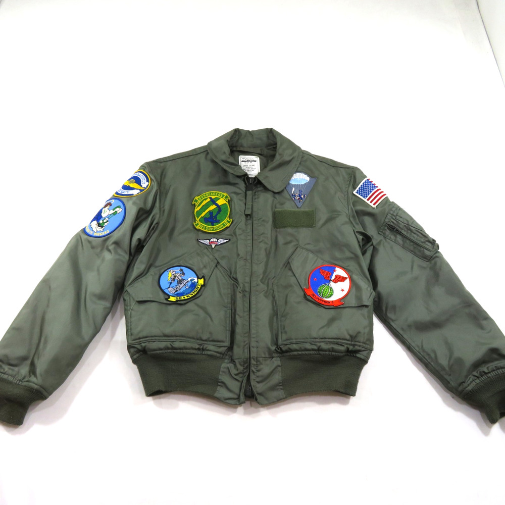 USN Men's Flyer's Jacket CWU-45/P Sz L Green Navy & Coast Gaurd Patches Vintage